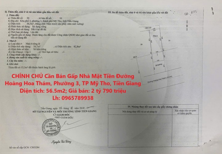 CHÍNH CHỦ Cần Bán Gấp Nhà Mặt Tiền Đường Hoàng Hoa Thám, Phường 3, TP Mỹ Tho, Tiền Giang
