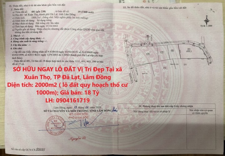 SỞ HỮU NGAY LÔ ĐẤT Vị Trí Đẹp Tại xã Xuân Thọ, TP Đà Lạt, Lâm Đồng