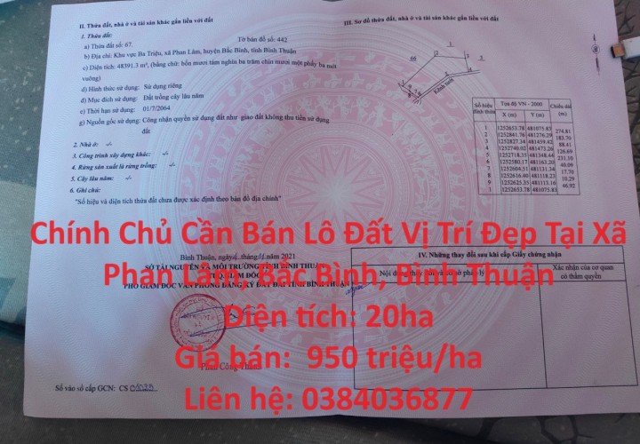 Chính Chủ Cần Bán Lô Đất Vị Trí Đẹp Tại Xã Phan Lâm, Bắc Bình, Bình Thuận