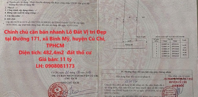 Chính chủ cần bán nhanh Lô Đất Vị trí Đẹp tại xã Bình Mỹ, huyện Củ Chi, TPHCM.