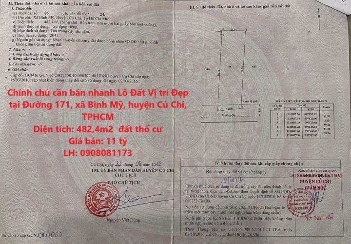 Chính chủ cần bán nhanh Lô Đất Vị trí Đẹp tại xã Bình Mỹ, huyện Củ Chi, TPHCM.