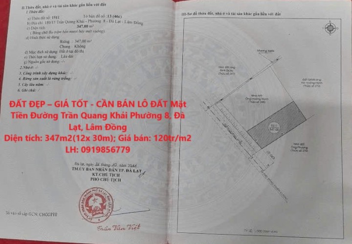 ĐẤT ĐẸP – GIÁ TỐT - CẦN BÁN LÔ ĐẤT Mặt Tiền Đường Trần Quang Khải Phường 8, Đà Lạt, Lâm Đồng
