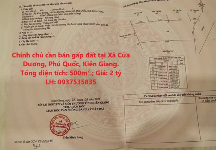Chính chủ cần bán gấp đất tại Xã Cửa Dương, Phú Quốc, Kiên Giang.