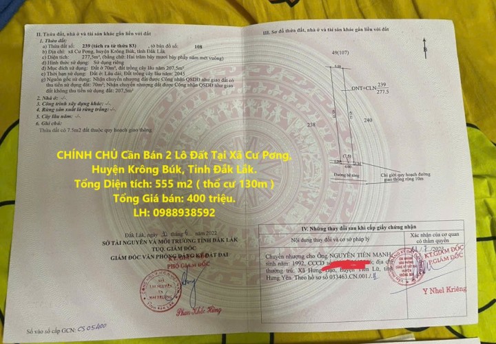 CHÍNH CHỦ Cần Bán 2 Lô Đất Tại Xã Cư Pơng, Huyện Krông Búk, Tỉnh Đắk Lắk.