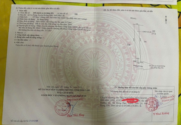 CHÍNH CHỦ Cần Bán 2 Lô Đất Tại Xã Cư Pơng, Huyện Krông Búk, Tỉnh Đắk Lắk.