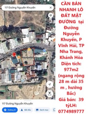 CẦN BÁN NHANH LÔ ĐẤT MẶT ĐƯỜNG tại Đường Nguyễn Khuyến, P Vĩnh Hải, TP Nha Trang, Khánh Hòa