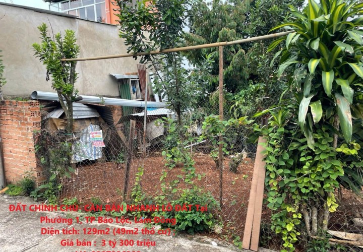 ĐẤT CHÍNH CHỦ- CẦN BÁN NHANH LÔ ĐẤT Tại Phường 1, TP Bảo Lộc, Lâm Đồng