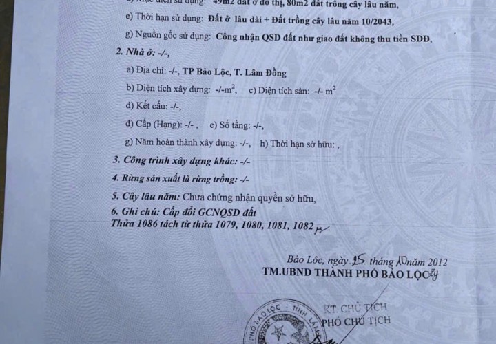 ĐẤT CHÍNH CHỦ- CẦN BÁN NHANH LÔ ĐẤT Tại Phường 1, TP Bảo Lộc, Lâm Đồng