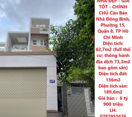 NHÀ ĐẸP - GIÁ TỐT - CHÍNH CHỦ Cần Bán Nhà Đông Bình, Phường 15, Quận 8, TP Hồ Chí Minh