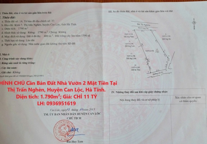 CHÍNH CHỦ Cần Bán Đất Nhà Vườn 2 Mặt Tiền Tại Thị Trấn Nghèn, Huyện Can Lộc, Hà Tĩnh.