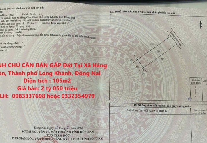 CHÍNH CHỦ CẦN BÁN GẤP Đất Tại Xã Hàng Gòn, Thành phố Long Khánh, Đồng Nai