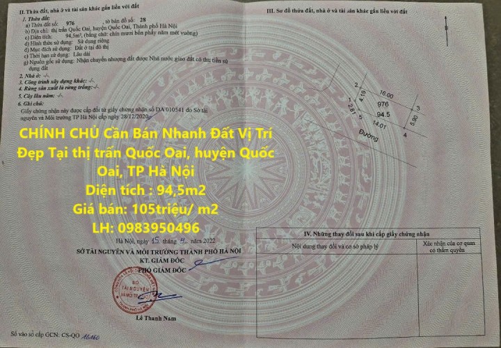 CHÍNH CHỦ Cần Bán Nhanh Đất Vị Trí Đẹp Tại huyện Quốc Oai, TP Hà Nội