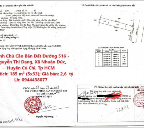 Chính Chủ Cần Bán Đất Đường 516 - Nguyễn Thị Dạng, Xã Nhuận Đức, Huyện Củ Chi, Tp HCM