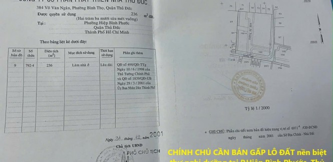 CHÍNH CHỦ CẦN BÁN GẤP LÔ ĐẤT nền biệt thự nghỉ dưỡng tại P.Hiệp Bình Phước, Thủ Đức, Hồ Chí Minh
