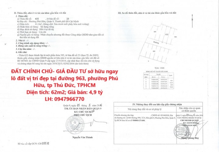 ĐẤT CHÍNH CHỦ- GIÁ ĐẦU TƯ sở hữu ngay lô đất vị trí đẹp tại phường Phú Hữu, quận 9, TPHCM