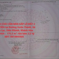 CHÍNH CHỦ CẦN BÁN GẤP LÔ ĐẤT 2 MẶT TIỀN tại Đường Vườn Thành, Xã Diên Lạc, Diên Khánh, Khánh Hòa
