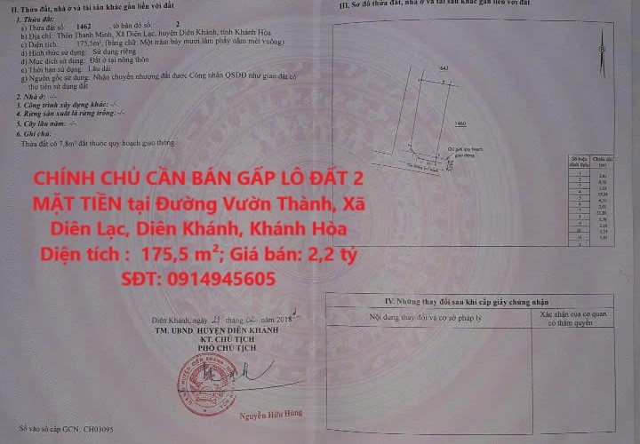 CHÍNH CHỦ CẦN BÁN GẤP LÔ ĐẤT 2 MẶT TIỀN tại Đường Vườn Thành, Xã Diên Lạc, Diên Khánh, Khánh Hòa