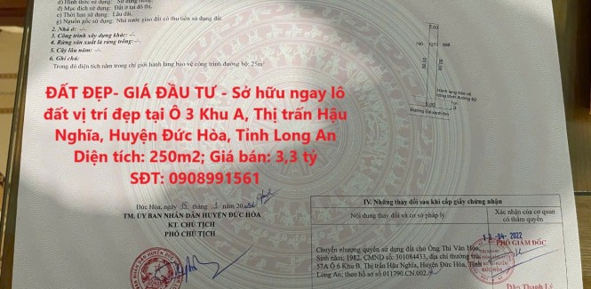 ĐẤT ĐẸP- GIÁ ĐẦU TƯ - Sở hữu ngay lô đất vị trí đẹp tại Thị trấn Hậu Nghĩa, Huyện Đức Hòa, Long An
