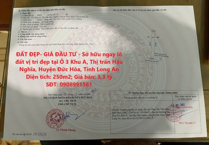 ĐẤT ĐẸP- GIÁ ĐẦU TƯ - Sở hữu ngay lô đất vị trí đẹp tại Thị trấn Hậu Nghĩa, Huyện Đức Hòa, Long An