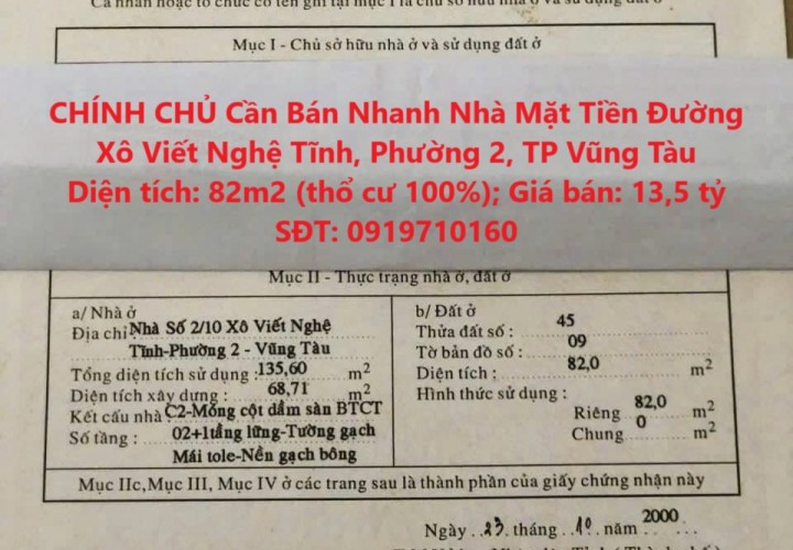 CHÍNH CHỦ Cần Bán Nhanh Nhà Mặt Tiền Đường Xô Viết Nghệ Tĩnh, Phường 2, TP Vũng Tàu
