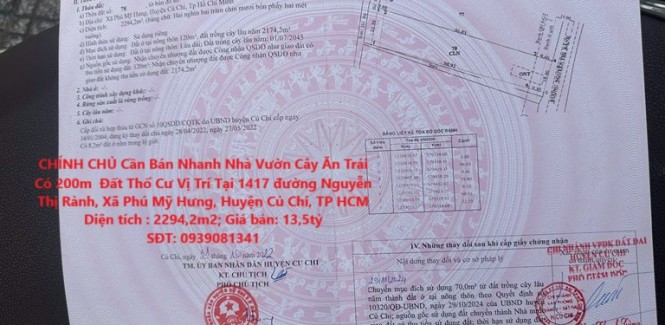 CHÍNH CHỦ Cần Bán Nhanh Nhà Vườn Cây Ăn Trái Có 200m Đất Thổ Cư Vị Trí Tại Huyện Củ Chi