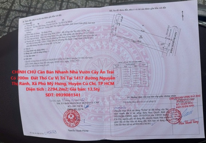 CHÍNH CHỦ Cần Bán Nhanh Nhà Vườn Cây Ăn Trái Có 200m  Đất Thổ Cư Vị Trí Tại Huyện Củ Chi