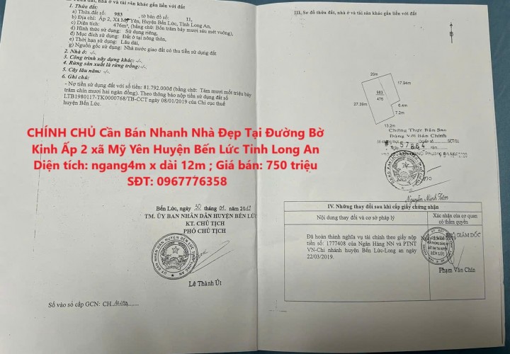 CHÍNH CHỦ Cần Bán Nhanh Nhà Đẹp Tại Đường Bờ Kinh Ấp 2 xã Mỹ Yên Huyện Bến Lức Tỉnh Long An