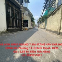 NHÀ HXH 68M2 NGANG 7.5M 4TẦNG 4PN SHR HOÀN CÔNG ĐỦ Phường 11, Q Bình Thạnh, HCM