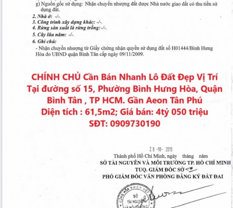 CHÍNH CHỦ Cần Bán Nhanh Lô Đất Đẹp Vị Trí Tại Quận Bình Tân, TP HCM