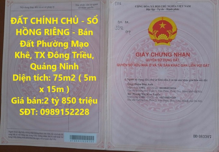 ĐẤT CHÍNH CHỦ - SỔ HỒNG RIÊNG - Bán Đất Phường Mạo Khê, TX Đông Triều, Quảng Ninh