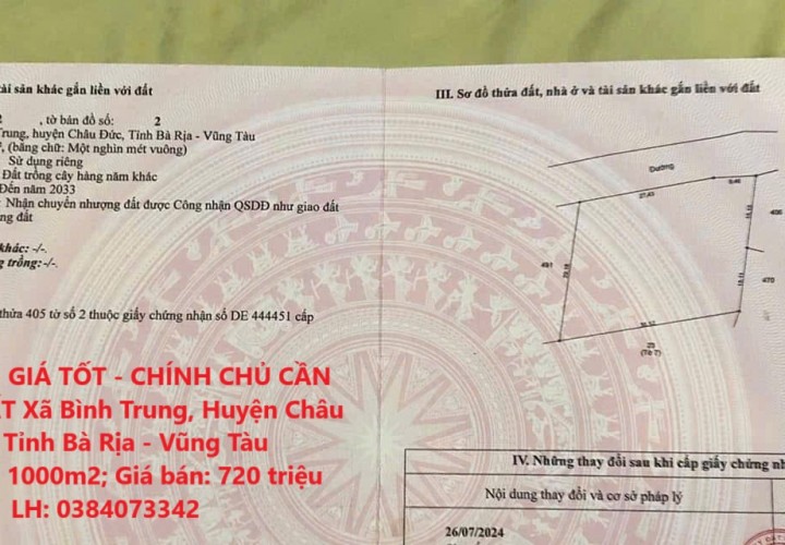 ĐẤT ĐẸP - GIÁ TỐT - CHÍNH CHỦ CẦN BÁN LÔ ĐẤT Xã Bình Trung, Huyện Châu Đức, Tỉnh Bà Rịa - Vũng Tàu