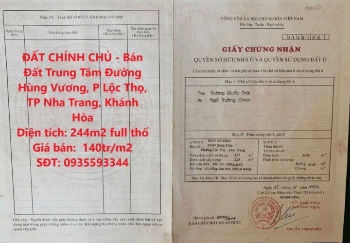 ĐẤT CHÍNH CHỦ - Bán Đất Trung Tâm Đường Hùng Vương, P Lộc Thọ, TP Nha Trang, Khánh Hòa