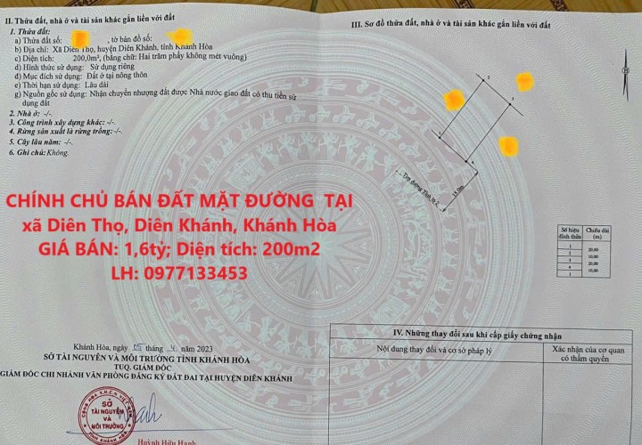 CHÍNH CHỦ BÁN ĐẤT MẶT ĐƯỜNG  TẠI xã Diên Thọ, Diên Khánh, Khánh Hòa