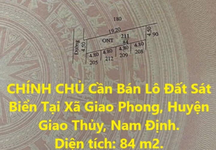 CHÍNH CHỦ Cần Bán Lô Đất Sát Biển Tại Xã Giao Phong, Huyện Giao Thủy, Nam Định.
