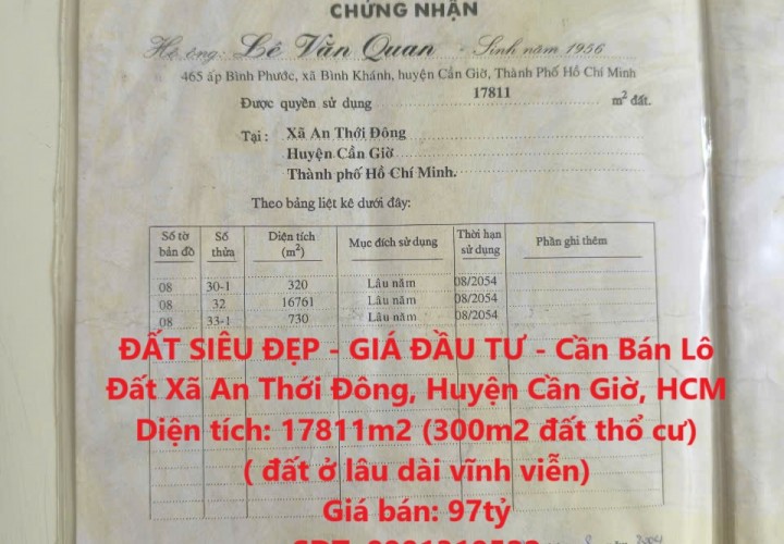 ĐẤT SIÊU ĐẸP - GIÁ ĐẦU TƯ - Cần Bán Lô Đất Xã An Thới Đông, Huyện Cần Giờ, HCM