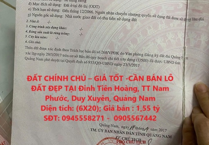 ĐẤT CHÍNH CHỦ – GIÁ TỐT -CẦN BÁN LÔ ĐẤT ĐẸP TẠI Đinh Tiên Hoàng, TT Nam Phước, Duy Xuyên, Quảng Nam