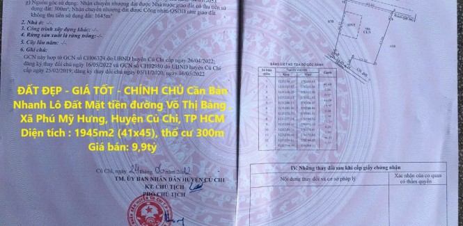 ĐẤT ĐẸP - GIÁ TỐT - CHÍNH CHỦ Cần Bán Nhanh Lô Đất Mặt Tiền Vị Trí Tại Huyện Củ Chi, TP HCM