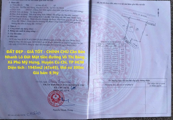 ĐẤT ĐẸP - GIÁ TỐT - CHÍNH CHỦ Cần Bán Nhanh Lô Đất Mặt Tiền Vị Trí Tại Huyện Củ Chi, TP HCM