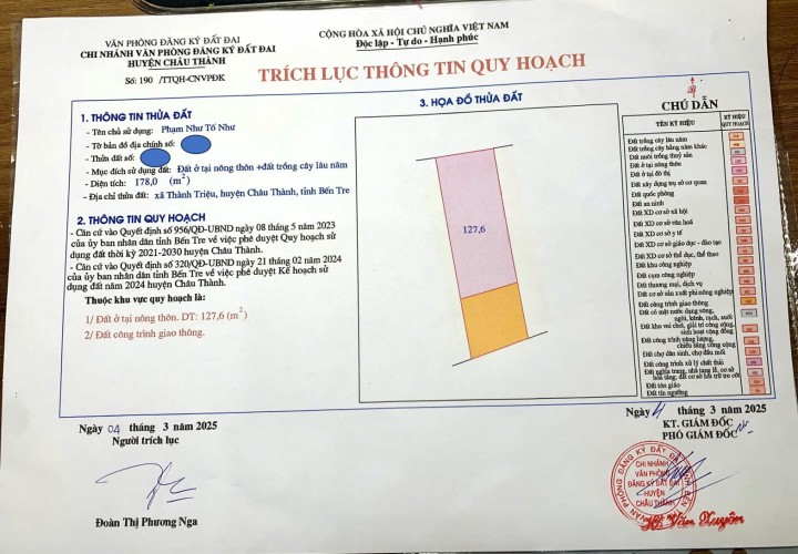 Chính Chủ Bán 178m2 Đất View Sông Tại Xã Thành Triệu, Huyện Châu Thành, Bến Tre