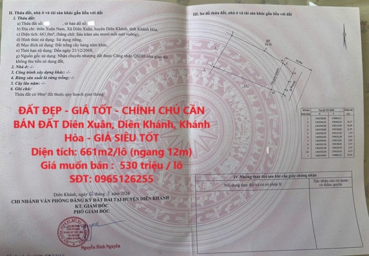 ĐẤT ĐẸP - GIÁ TỐT - CHÍNH CHỦ CẦN BÁN ĐẤT Diên Xuân, Diên Khánh, Khánh Hòa - GIÁ SIÊU TỐT
