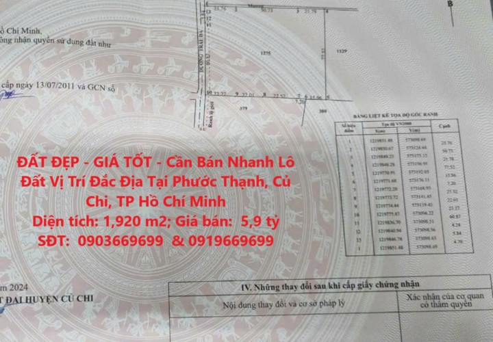 ĐẤT ĐẸP - GIÁ TỐT - Cần Bán Nhanh Lô Đất Vị Trí Đắc Địa Tại Phước Thạnh, Củ Chi, TP Hồ Chí Minh