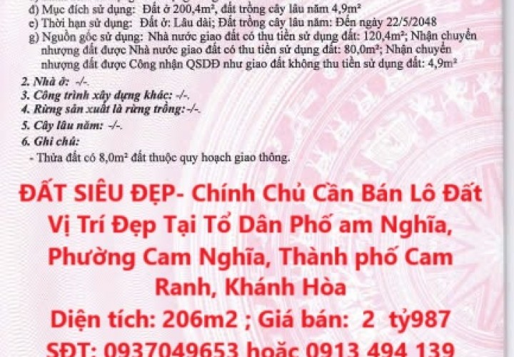 ĐẤT SIÊU ĐẸP- Chính Chủ Cần Bán Lô Đất Vị Trí Đẹp Tại Phường Cam Nghĩa, Thành phố Cam Ranh