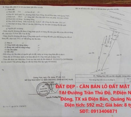 ĐẤT ĐẸP - CẦN BÁN LÔ ĐẤT MẶT TIỀN TẠI Đường Trần Thủ Độ, P.Điện Nam Đông, TX xã Điện Bàn, Quảng Nam