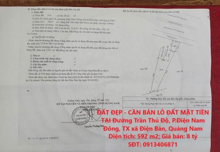 ĐẤT ĐẸP - CẦN BÁN LÔ ĐẤT MẶT TIỀN TẠI Đường Trần Thủ Độ, P.Điện Nam Đông, TX xã Điện Bàn, Quảng Nam