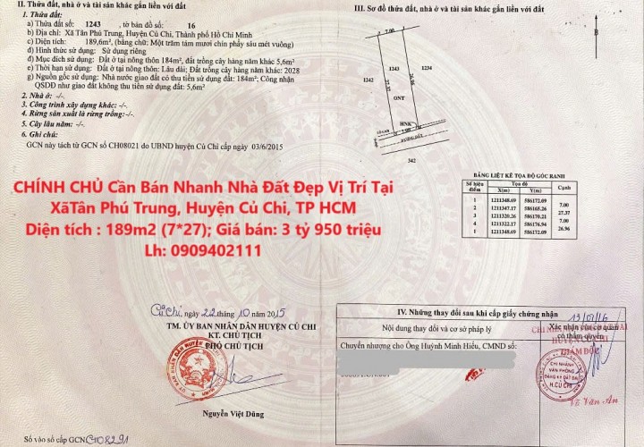 CHÍNH CHỦ Cần Bán Nhanh Nhà Đất Đẹp Vị Trí Tại Xã Phú Trung, Huyện Củ Chi, TP HCM