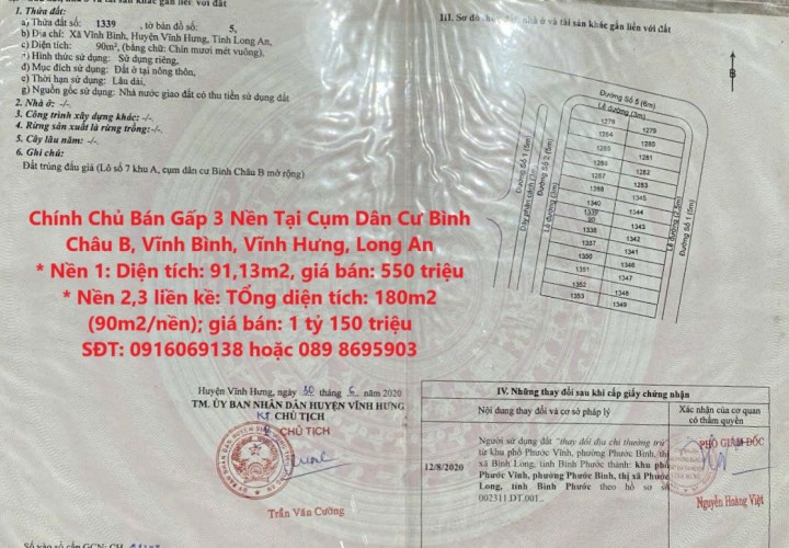CHÍNH CHỦ CẦN BÁN NHANH 3 Nền Vị Trí Đẹp Tại Cụm Dân Cư Bình Châu B, Xã Vĩnh Bình, Huyện Vĩnh Hưng, Long An