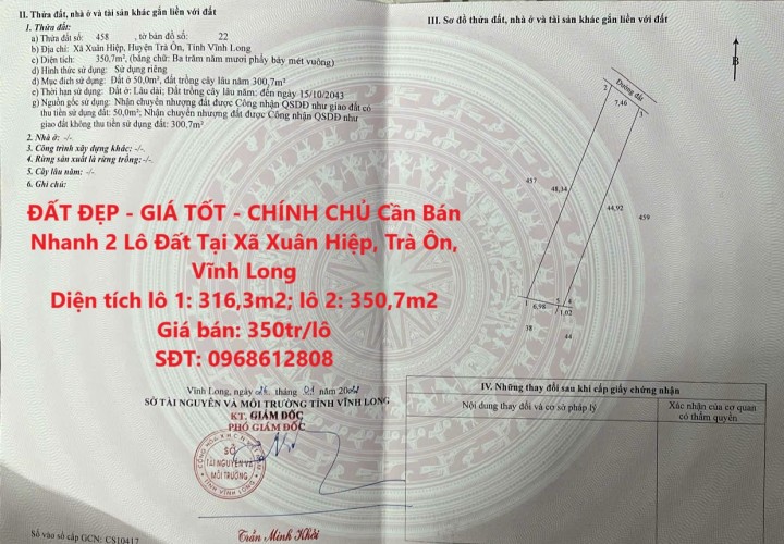 ĐẤT ĐẸP - GIÁ TỐT - CHÍNH CHỦ Cần Bán Nhanh 2 Lô Đất Tại Xã Xuân Hiệp, Trà Ôn, Vĩnh Long