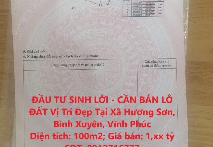 ĐẦU TƯ SINH LỜI - CẦN BÁN LÔ ĐẤT Vị Trí Đẹp Tại Xã Hương Sơn, Bình Xuyên, Vĩnh Phúc