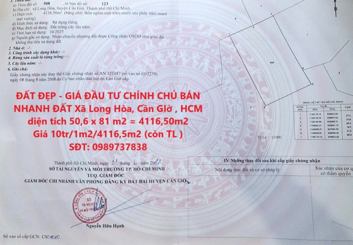ĐẤT ĐẸP - GIÁ ĐẦU TƯ CHÍNH CHỦ BÁN NHANH ĐẤT Xã Long Hòa, Cần GIờ , HCM