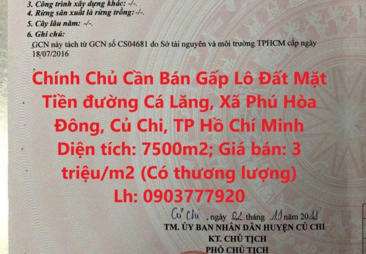 Chính Chủ Cần Bán Gấp Lô Đất Mặt Tiền đường Cá Lăng, Xã Phú Hòa Đông, Củ Chi, TP Hồ Chí Minh